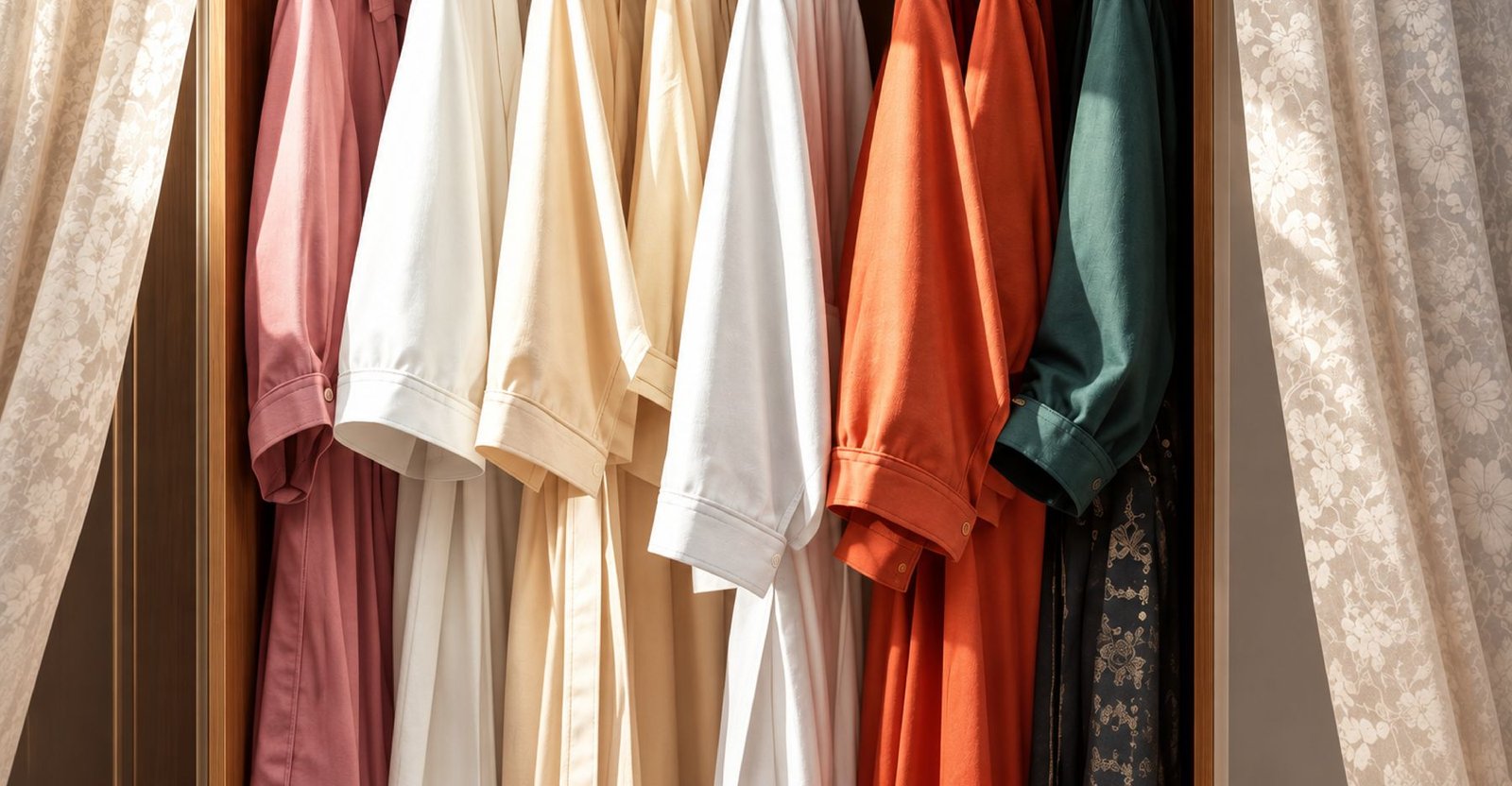 Shirts in soft solid colours hanging on a wardrobe rail