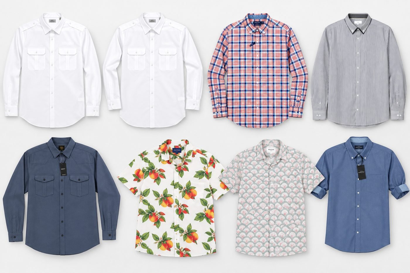 A range of casual and formal woven shirts including checks, stripes and prints