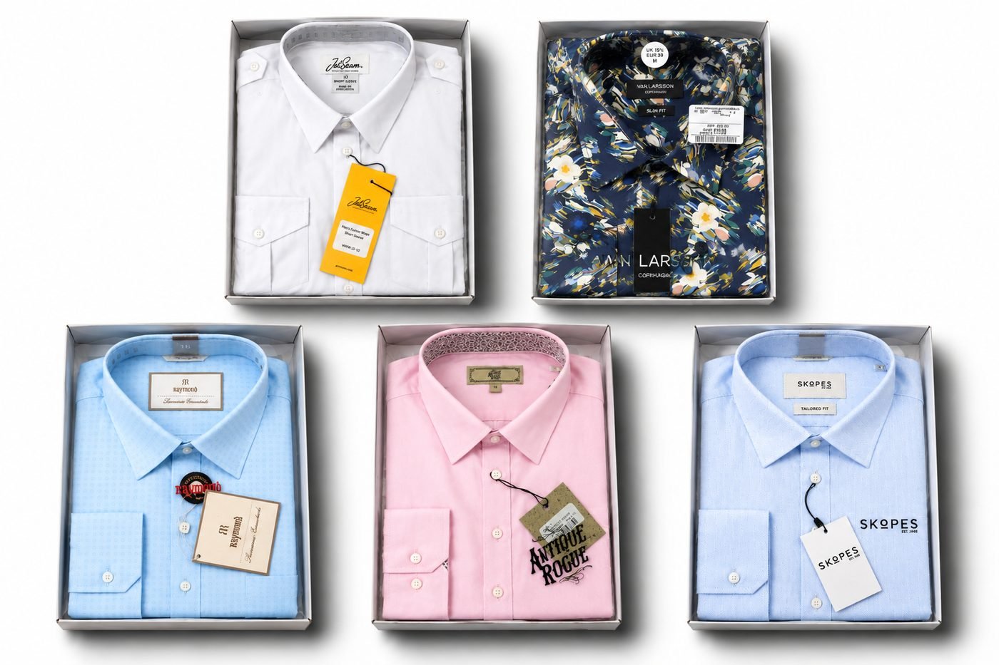 Finished dress shirts folded and boxed with hangtags attached