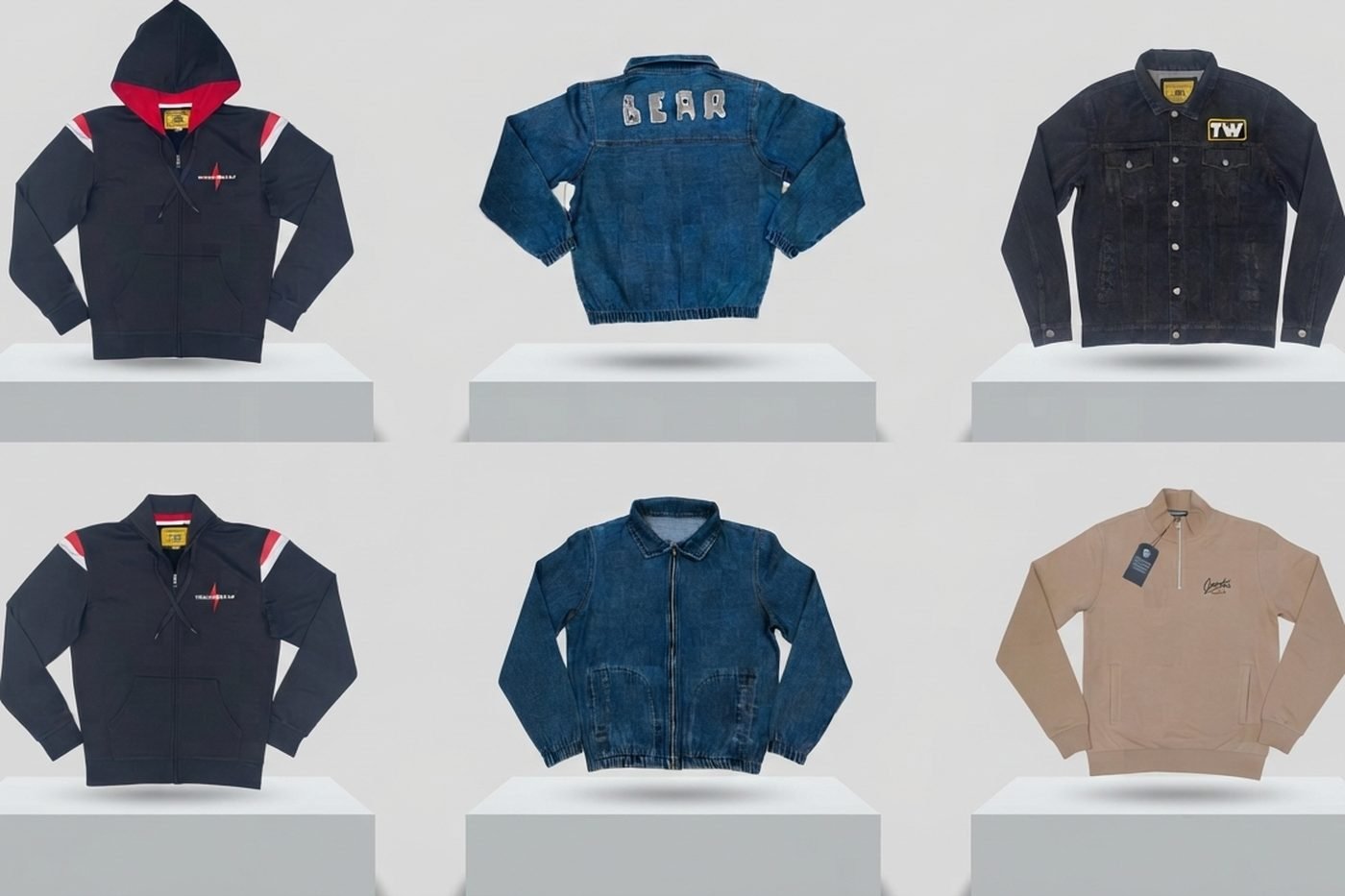 Six jackets on display plinths, including denim, fleece and twill styles